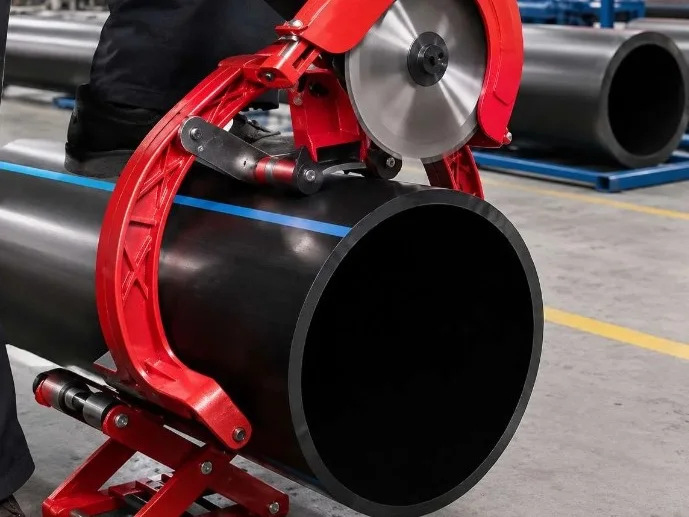 Pipe cutter trimming a large HDPE pipe